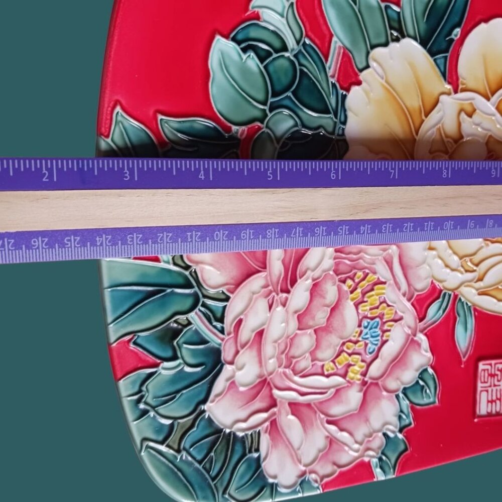 Decorative Plate With Floral Relief Design & Stand "10" Red Background - Picture 4 of 6